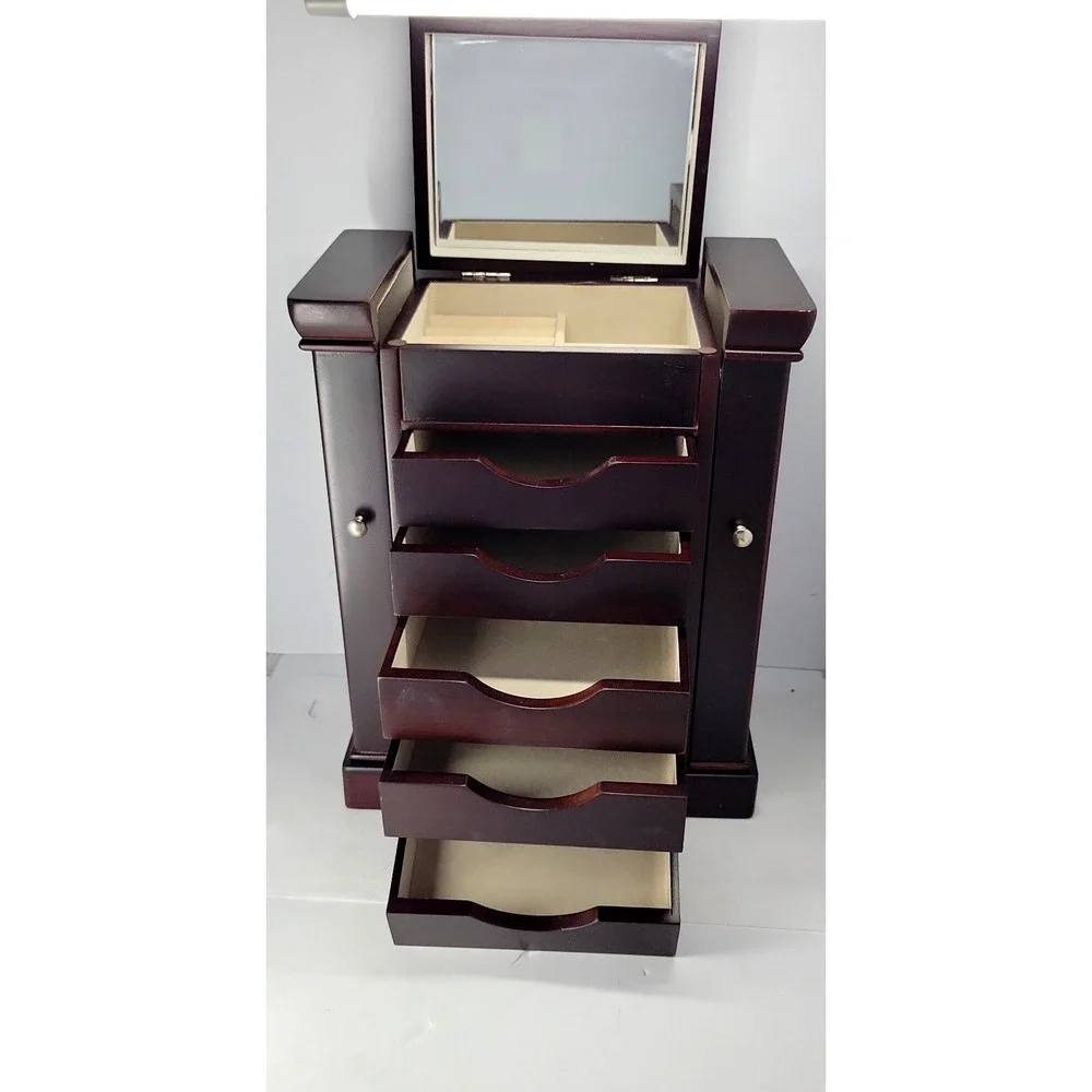 Large Wood Jewelry Box Armoire Mirror 5 Drawers Side Doors Necklace Storage